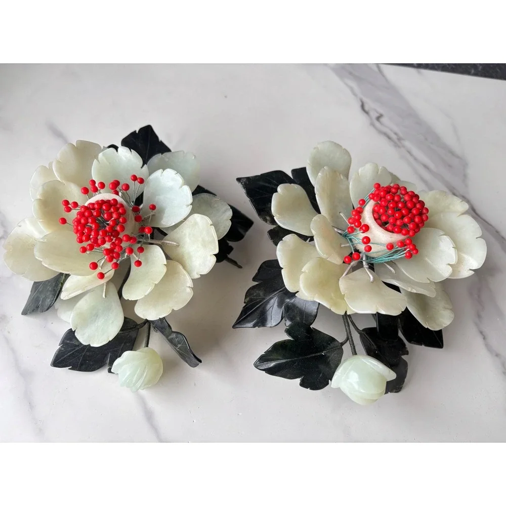 Vintage‎ Chinese Jadeite Stone Flower Pair Celadon Spinach Green Red Stamen 5